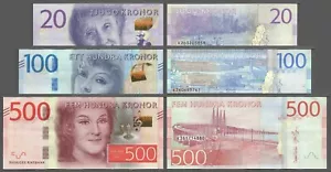 Sweden 2022 LOT 20 + 100 + 500 Kronor Pick 69c, 71e, 73b5 Prefix Letter K *RARE* - Picture 1 of 7