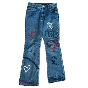 VTG jordache blue jeans graffiti love tic tac toe peace sign girls size 12 25” - Picture 1 of 3