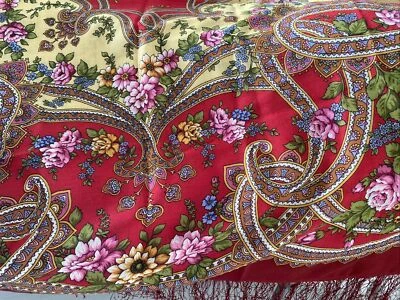 Wool Pavlovo Posad Shawl 48”x 50” Red Fairy Tales Motives New Made In Russia - Image 1 of 4