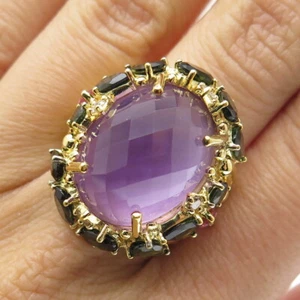 925 Sterling Silver Gold Plated Diamond Amethyst Multi-Tourmaline Ring Size 7.25 - Picture 1 of 8