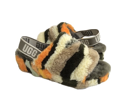 UGG FLUFF YEAH SLIDE CALI COLLAGE OLIVA ECOPELLICCIA SANDALO US 11 EU 42 UK 9