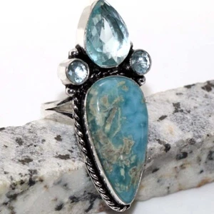 Larimar Blue Topaz 925 Silver Plated Long Gemstone Ring US 8 Ethnic Gift GW - Picture 1 of 3