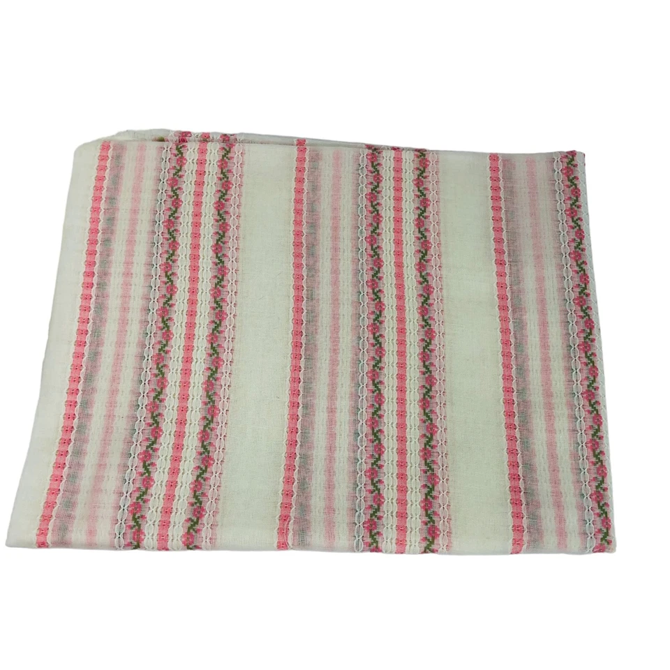 Vintage Semi Sheer Pink & Cream Floral Lace Stripe Cotton Fabric 1 yd - 45" Wide - Image 1 of 3