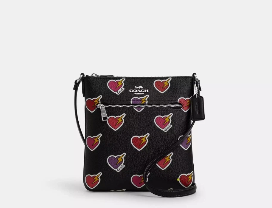 COACH CW418 Mini Rowan File Bag Heart Print Coated Canvas & Leather Black Multi