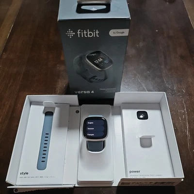 Pre-Onwed Fitbit Versa 4 Smartwatch Platinum Aluminum Case Blue Infinity Band - Image 1 of 4