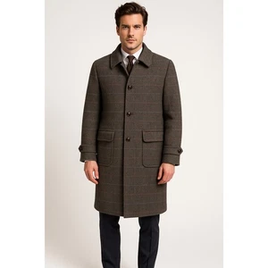 Zero King Long Trench Coat Men 42 Wool Tweed Plaid Classic Timeless Overcoat VTG - Picture 1 of 19