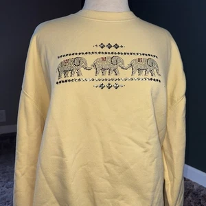 Vintage 90's Granny Pale Yellow Elephant Rhinestone Sweater Sz Large - Picture 1 of 16