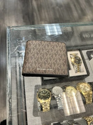 Michael Kors Men Cooper Billfold with Passcase Wallet Brown Bifold MK Signature - Image 1 of 4