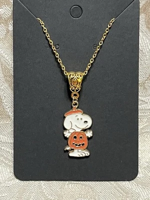 Snoopy Pumpkin Gold Enamel Charm Pendant Halloween Fun Boho Gold Necklace 18” - Image 1 of 2