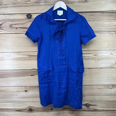 Maeve Dress 4 Blue 100% Linen Layer Laced Short Sleeve Short Anthropologie B144 - Image 1 of 4