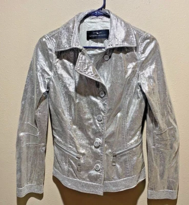 Vintage 1980s Visconf Violante Silver Leather Rock Club Jacket Italy Size 42 Med - Image 1 of 4