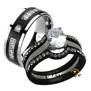 His & Her 4 Stck. Schwarz & Silber Edelstahl & Titan Ehering Band Set - Bild 1 von 8
