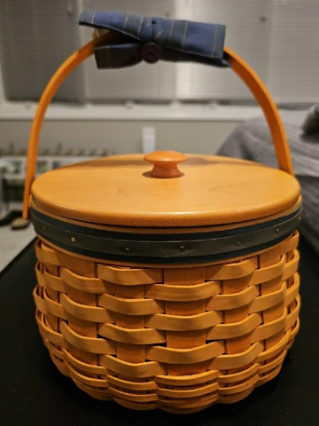 Longaberger Sewing Circle Basket+Lid+Liner Protector Tan Blue Green 9.5" x 6.25" Cover