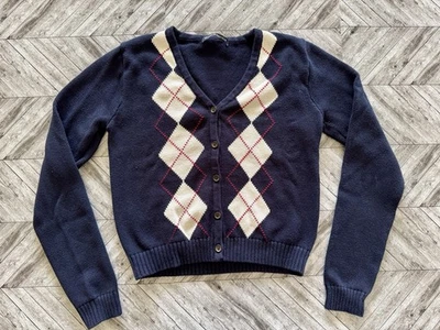 Brandy Melville Cardigan Sweater Womens Navy Checkered Outdoor Button Up Cottage - Image 1 of 4