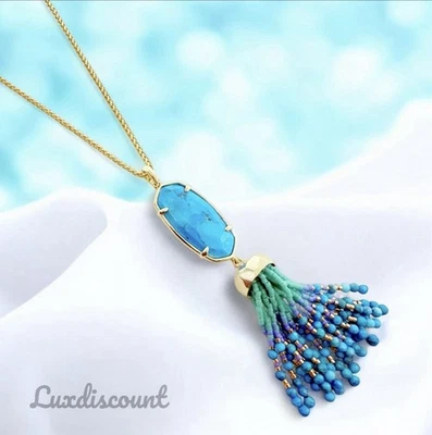 Kendra Scott Eva Gold Tone Long Pendant Necklace Aqua Blue Howlite. Retail $125 - Image 1 of 4