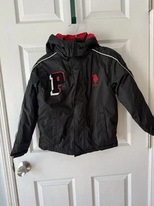 U.S. Polo Assn Boys S/P 8 Winter Puffer Jacket - Black, Fleece Lined, Hood Red - Picture 1 of 9