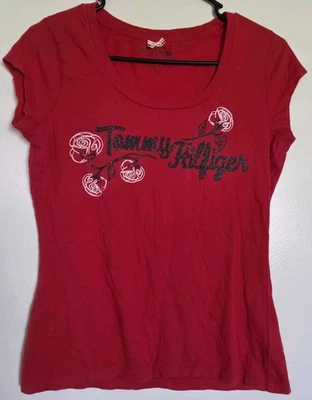 Tommy Hilfiger Graphic Sparkly Fitted Short Sleeve Y2K  Womens Medium T Shirt - Image 1 of 4