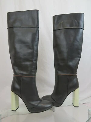 NUEVO FENDI GRIS OSCURO MIKADO CUERO TIRAR EN CONTRASTE TACÓN BOTAS ALTAS 37.5 $1550 Foto 1 de 4