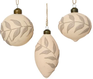 Leaf Ornaments - Blown Glass Christmas Decorations Matte Ivory Tan, Set of 3 - Picture 1 of 3