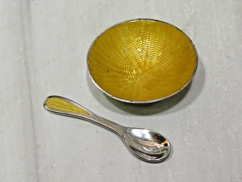 Vintage JF Mexican Sterling Silver Yellow Guilloche Enamel Salt Cellar & Spoon Cover