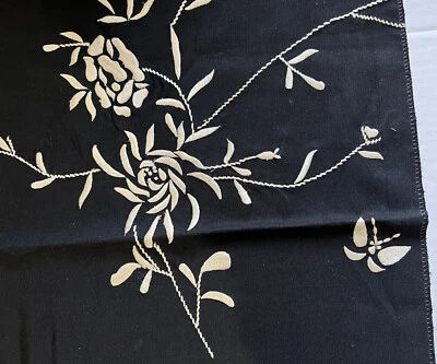 Robert Allen Embroidered Floral Firm Fabric Sample Black + Off White  24.5" SQ. - Image 1 of 3