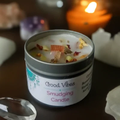 Sacred Smudge Candle Good Vibes Reiki, Botanical and Crystal Infused - Image 1 of 3