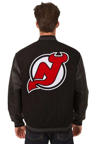 NHL New Jersey Devils Wool Leather Reversible Jacket Embroided Patch Logos Black Cover