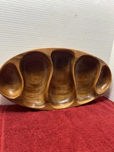 VTG Hand Carved MCM Teak Wood Divided Serving Dish 5 Sections Entertaining Decor - Picture 1 of 19