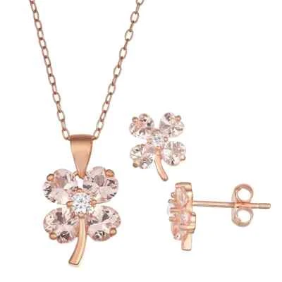 2.00Ct Heart Cut Morganite Pendant Necklace & Earrings Set 14K Rose Gold Plated - Image 1 of 4