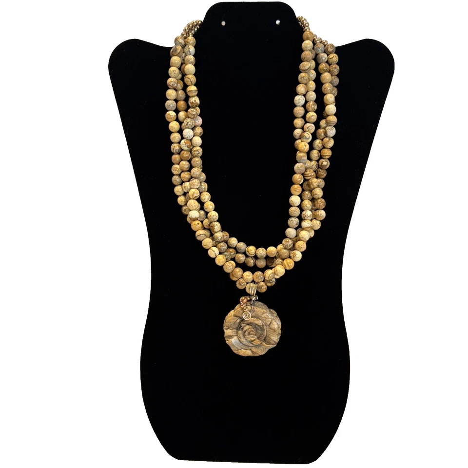 Multistrand Round Jasper Stone Bead Statement Necklace Carved Flower Pendant - Image 1 of 4