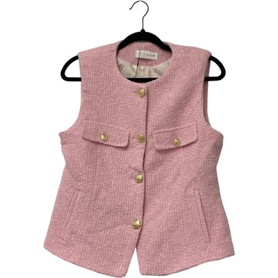 Zara Womens Tweed Vest Blazer Size L Pink Textured Gold Buttons 2132/091 NWD - Image 1 of 4