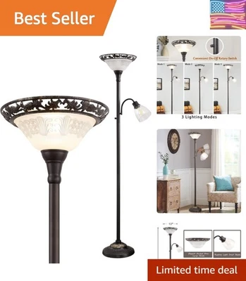 Lámpara de pie victoriana de 70 pulgadas con pantalla de vidrio grabado y 2 luces ajustables Foto 1 de 4