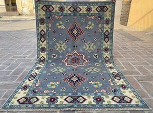 4x6 Bluish Grey Afghan Tribal Kazak Area Rug Turkmen Veg Dyes Wool Oriental Rug - Picture 1 of 19