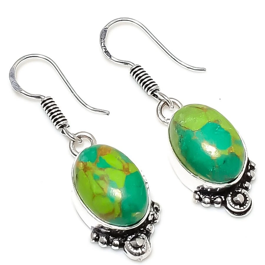 Green Turquoise Gemstone Handmade 925 Sterling Silver Jewelry Earring Size 1.4" - Image 1 of 1