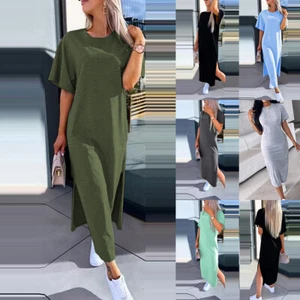 UK Women's Short Sleeve Loose Casual Summer Long Split T Shirts Dress Size 8-20 - Picture 1 of 25