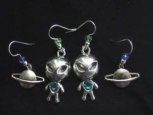 Silver Earrings Aliens & Ringed Planet Space Universe Extraterrestrial X-FILES ! - Picture 1 of 12