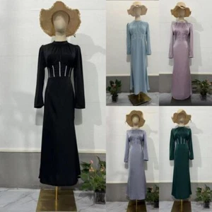 Women Slim Fit Long Sleeved Pleated Long Dress Dubai Lady Banquet Party Gown - Picture 1 of 32