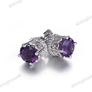 Women's Fine Earrings 10k White Gold 6.5mm Round Flawless Amethyst Fine Romantic - Picture 1 of 9
