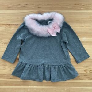 NWOT JANIE AND JACK Gray/Pink Faux Fur Collar Peplum Shirt Top Size 3 3T