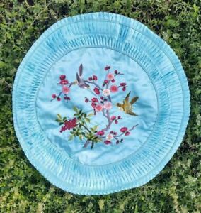 Vtg New Hand Embroidered Round Blue Silk Bird Flower Decorative Pillow Cover 18"