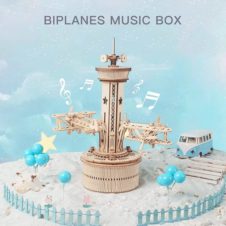 ROKR Airplane Control Tower 3D Wooden Puzzle Model Game Music Box Toy XMAS Gifts - Image 1 of 4