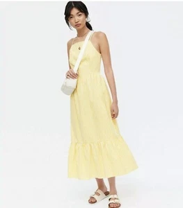 New Look Yellow Poplin Stripe Square Neck Tiered Midi Dress Size 16 - Picture 1 of 5