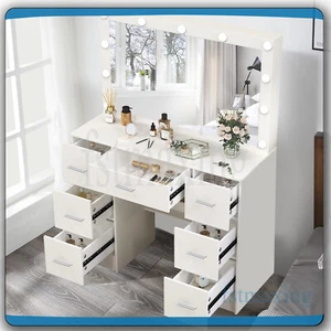 Large White Dressing Table LED Makeup Mirror And 7 Drawers Vanity Desk Dresser - Picture 1 of 10