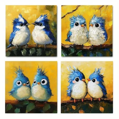 4pcs Vintage Abstract Cartoon Tufted Titmouse BirWall Art Canvas Unframed/Framed - Image 1 of 4