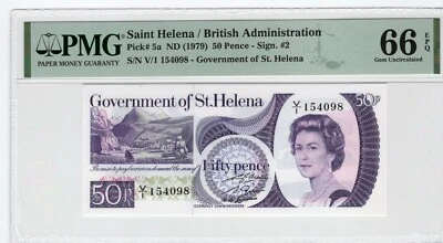 Saint Helena 1979 50 Pence PMG Certified Banknote UNC 66 EPQ Pick 5a - Image 1 of 2