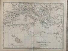 1874 Morze Śródziemne z wkładką Malty Oryginalna ręcznie kolorowa antyczna mapa