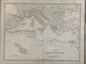 1874 Mediterranean Sea With Malta Inset Original Hand Coloured Antique Map - Picture 1 of 4