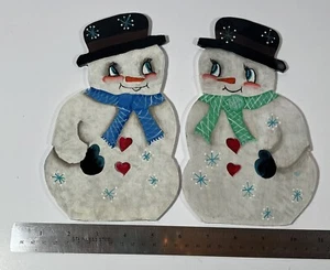 Vtg Hand Painted Figures Wooden Pair Snowman & Woman Christmas Holiday Craft - Picture 1 of 10