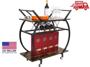 Kitchen Storage Cart Rolling Industrial Bar with Wine Rack 2 Tier Rustic Brown - Picture 1 of 9