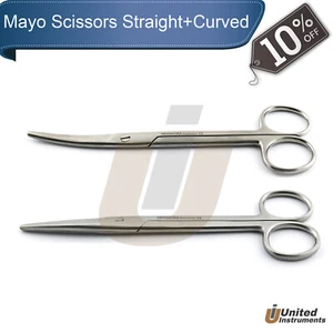 2pz Forbici Mediche Mayo Dritte + Curve Chirurgiche Super Taglio Dissezione Cesoia - Foto 1 di 3